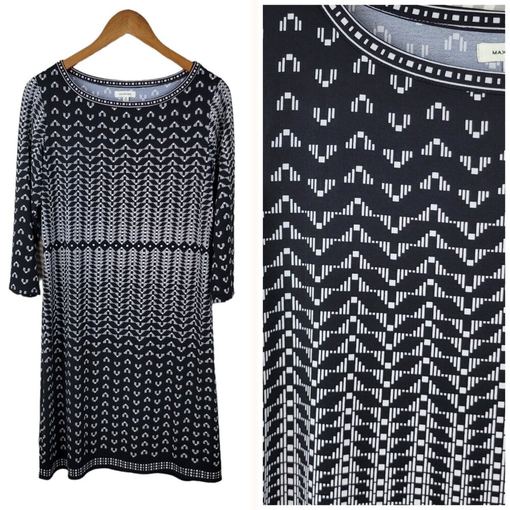 Max Studio Dress Stretch Career Sheath Size Medium Black White Geometric Summer